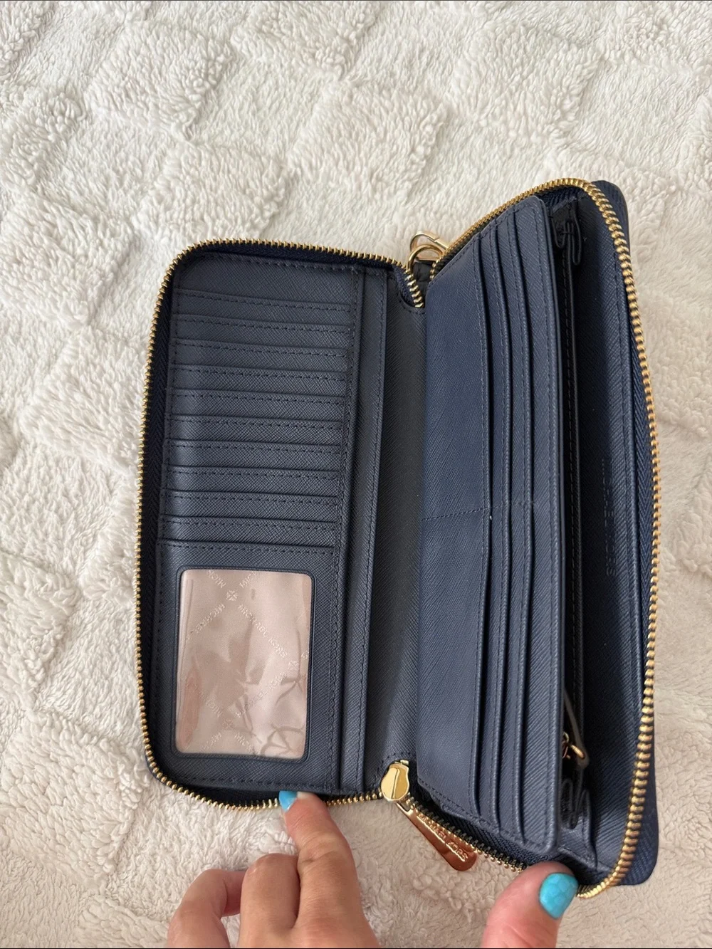 Michael Kors Navy Blue Pebbled Leather Zip Wristlet Wallet with Gold Logo